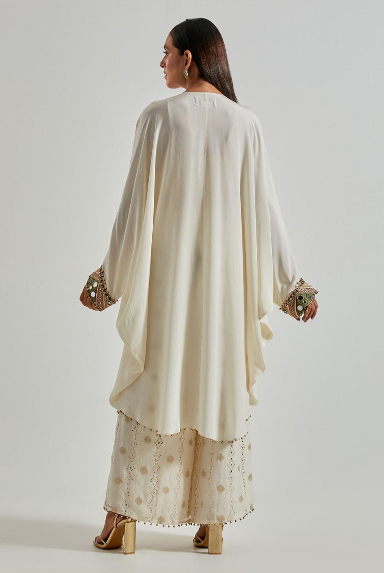 Off-White Crepe Kaftan with Banarasi Palazzo