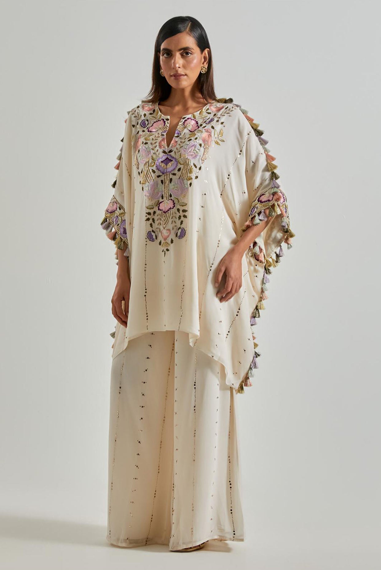 Off-White Mukaish Georgette Kaftan with Palazzo