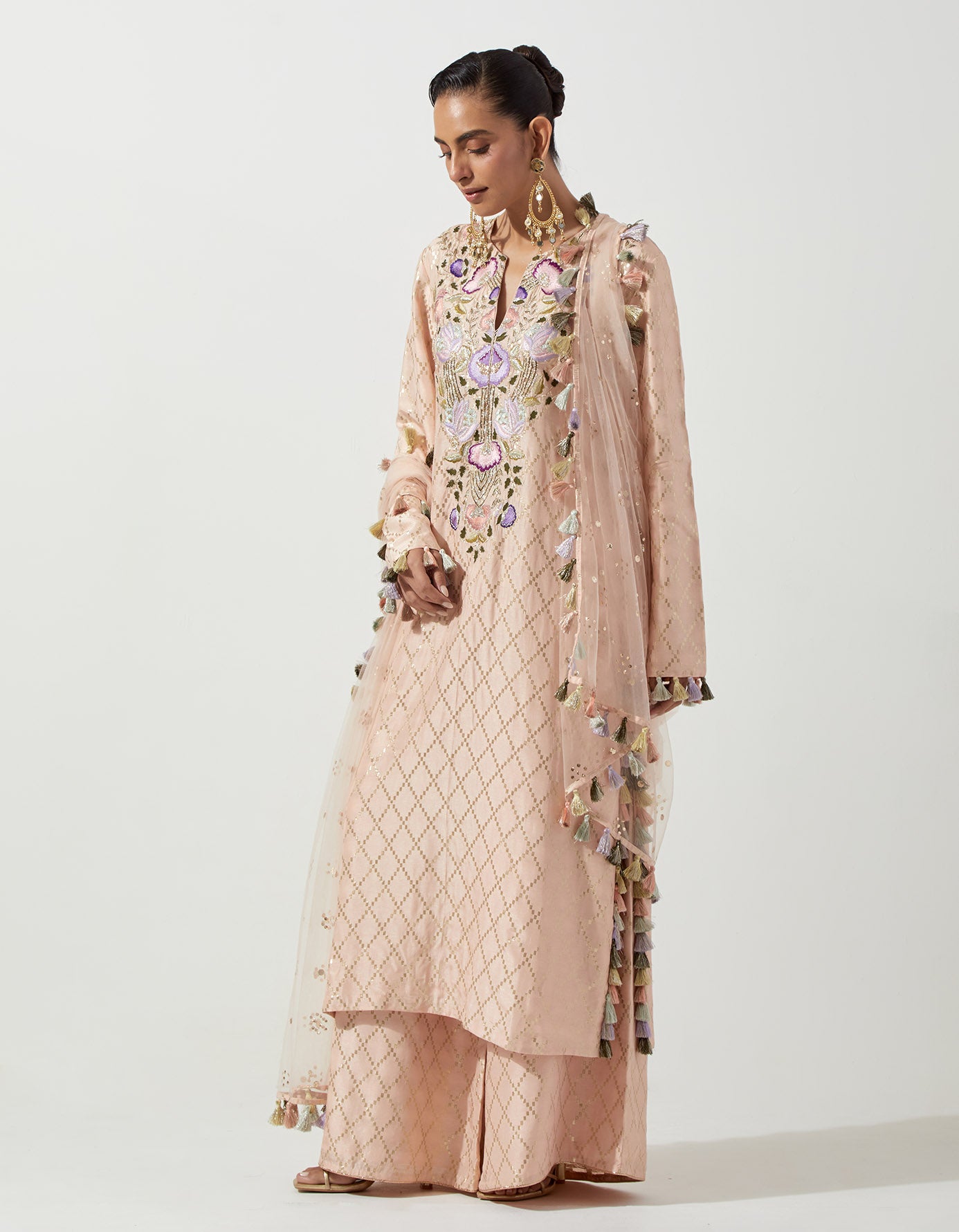 Peachy Pink Kurta With Palazzo And Dupatta