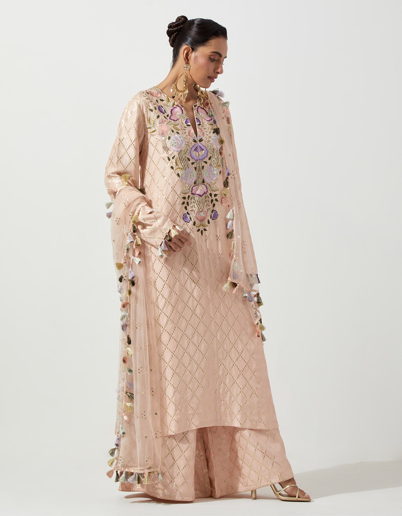 Peachy Pink Kurta With Palazzo And Dupatta