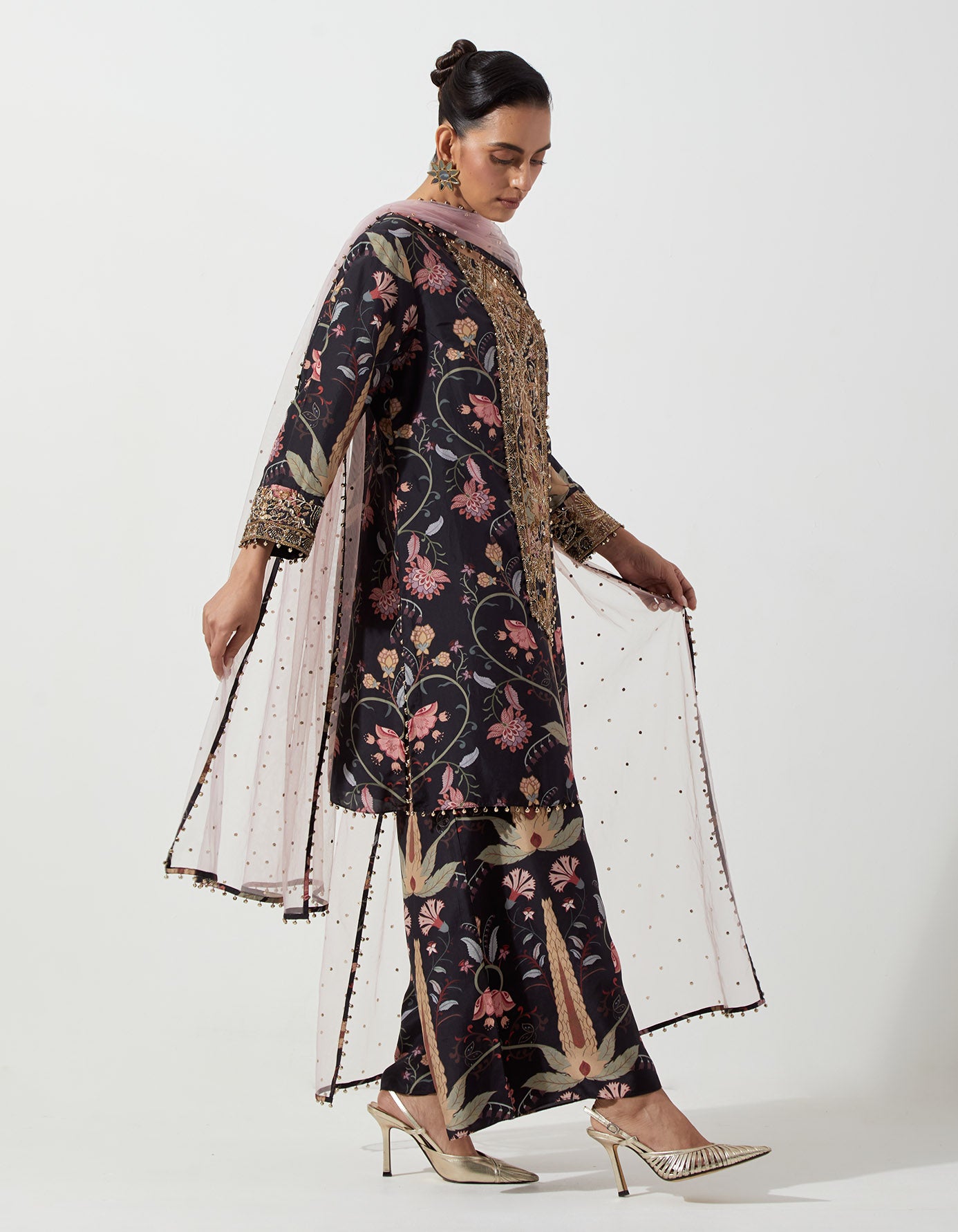 Black Kurta With Palazzo And Lilac Dupatta