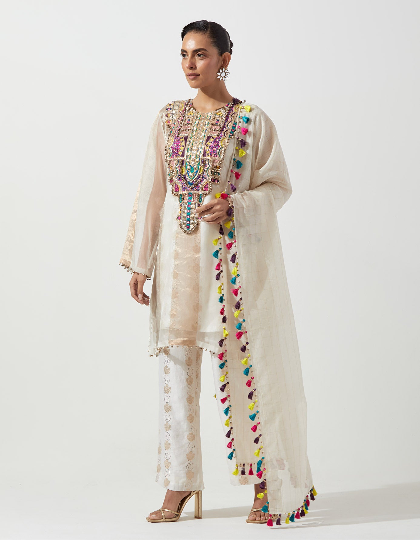 Off-White Embroidered Kurta With Straight Pant And Dupatta