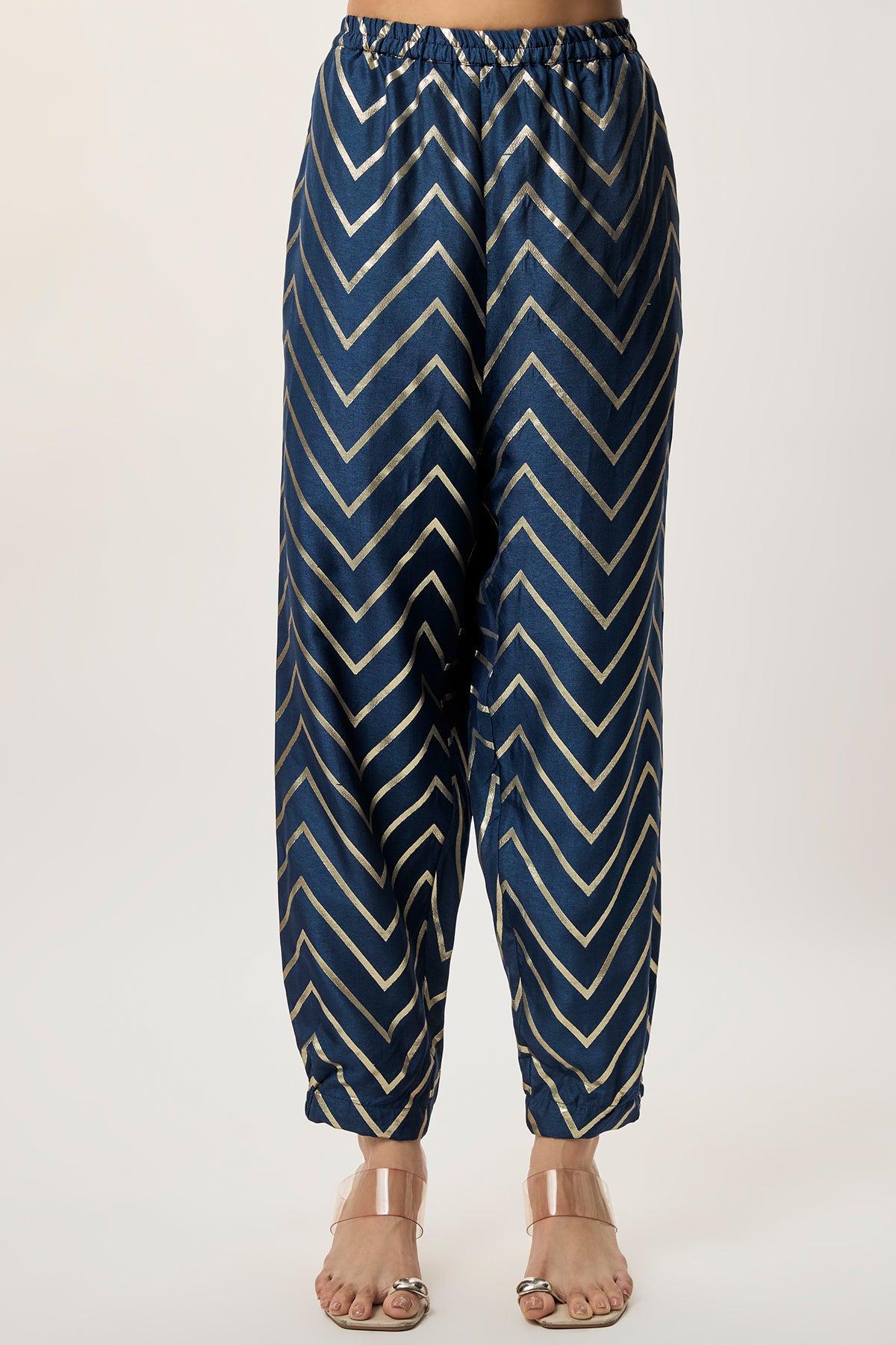 Raniya Navy Blue Dola Silk Embroidered Kaftan And Jogger Pant