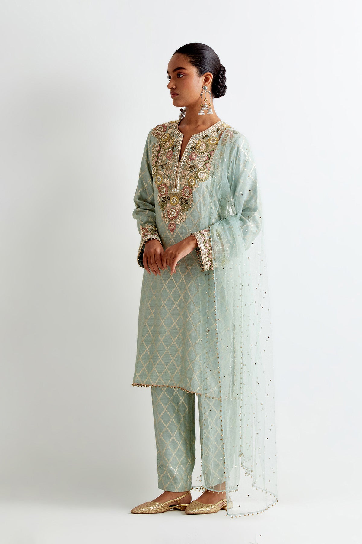 Powder Blue Silk Embroidered Kurta With Jogger Pant And Mukaish Net Dupatta