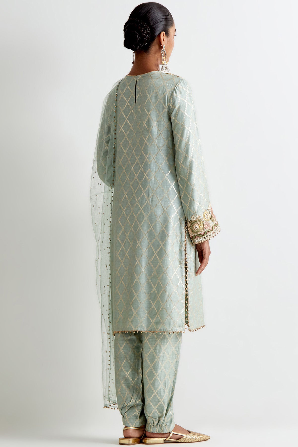 Powder Blue Silk Embroidered Kurta With Jogger Pant And Mukaish Net Dupatta