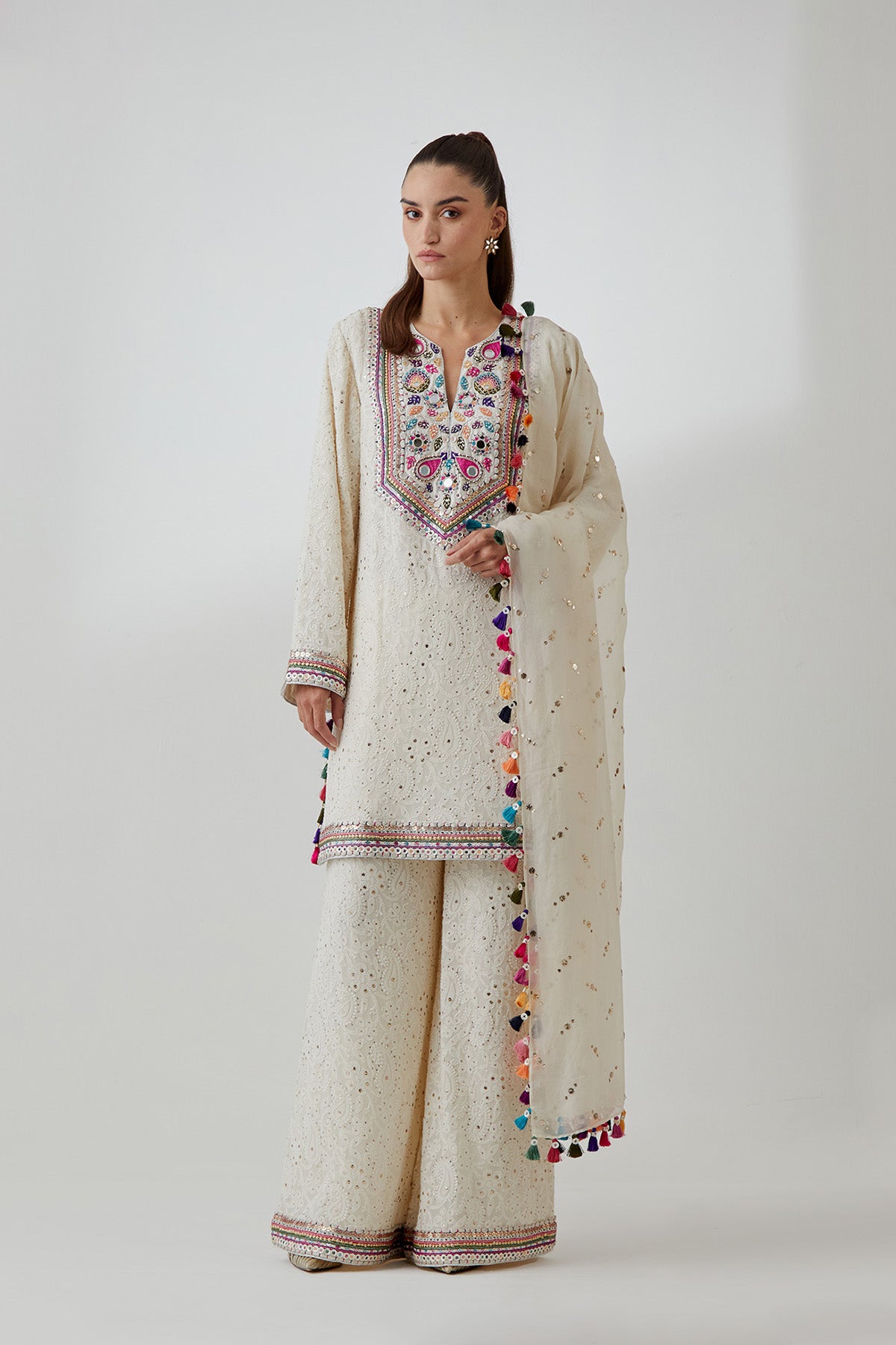 Stone Chikankari Embroidered Kurta With Palazzo And Mukaish Organza Dupatta