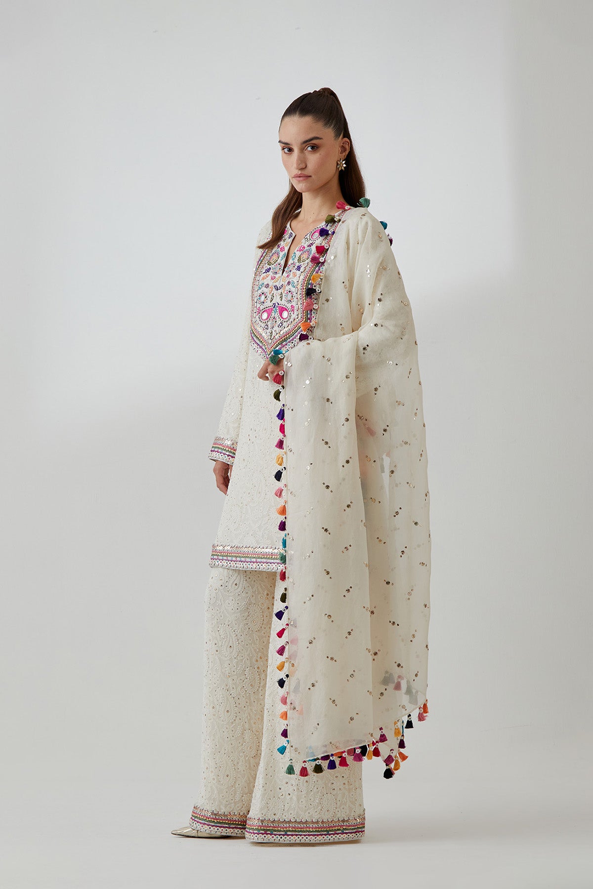 Stone Chikankari Embroidered Kurta With Palazzo And Mukaish Organza Dupatta