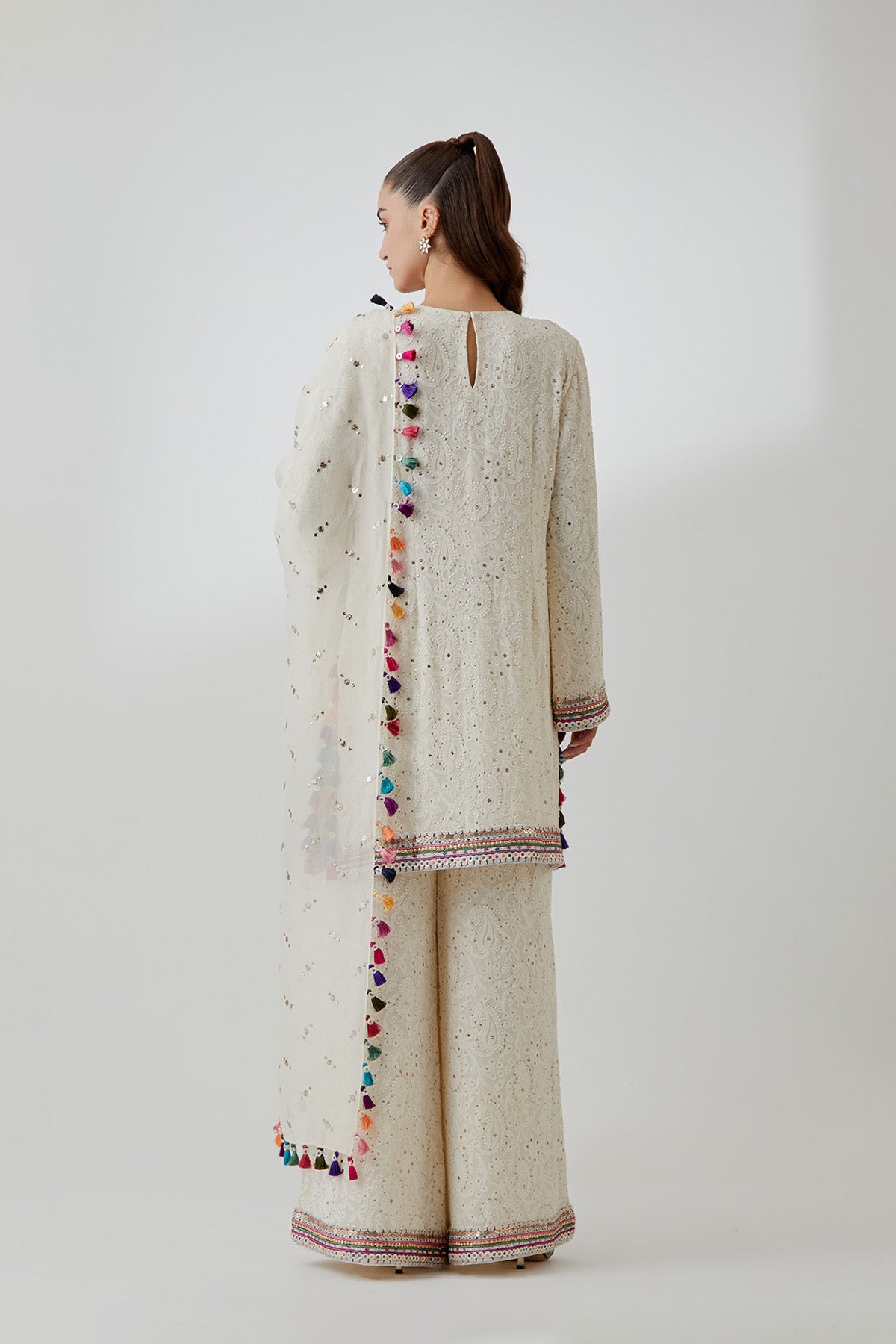 Stone Chikankari Embroidered Kurta With Palazzo And Mukaish Organza Dupatta