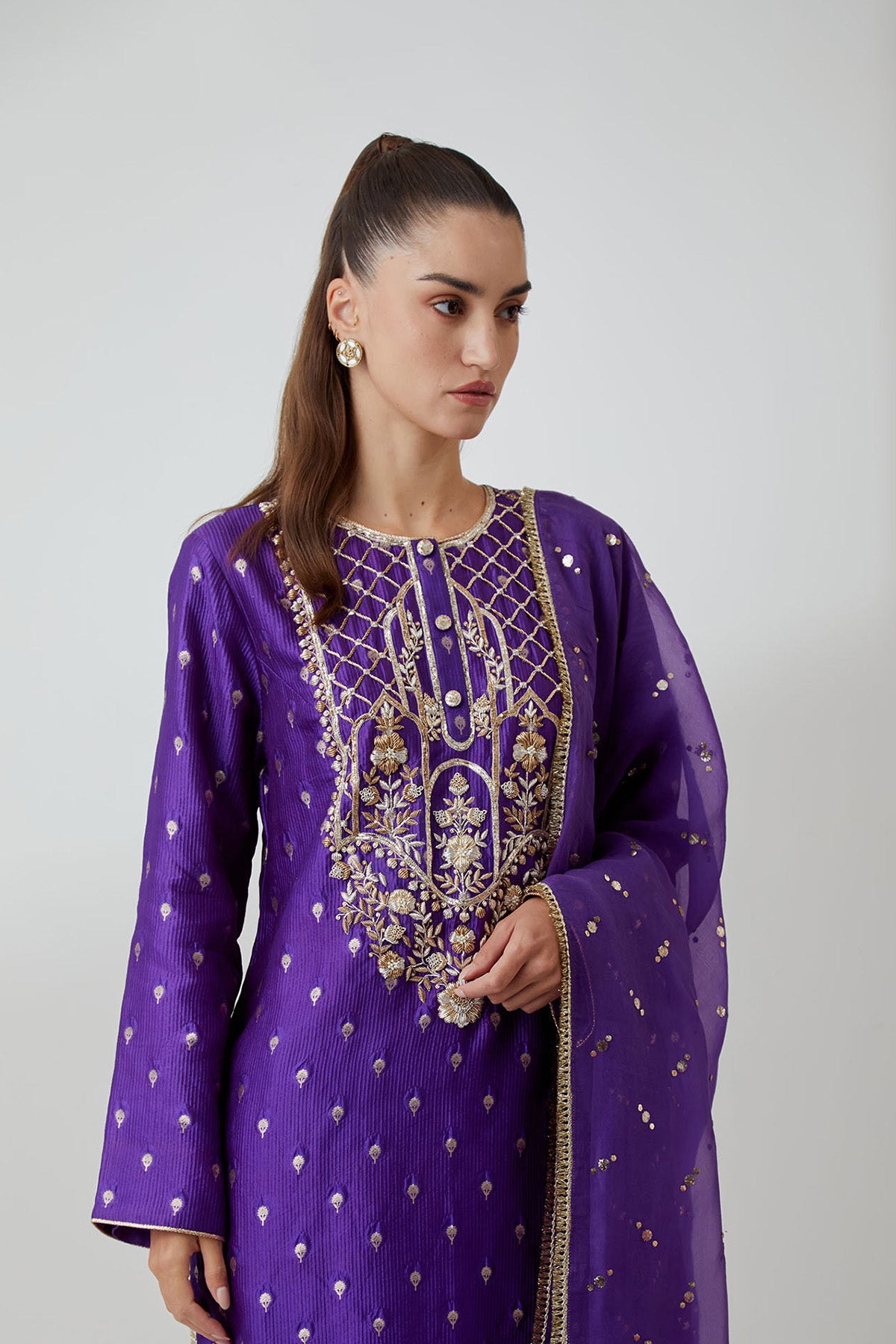 Purple Banarasi Embroidered Yoke Kurta With Pant And Mukaish Organza Dupatta