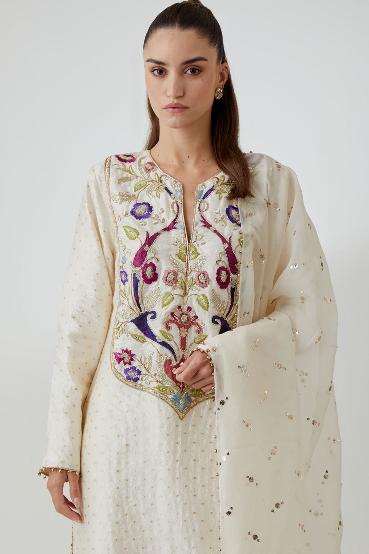 Off-White Banarasi Embroidered Kurta With Palazzo And Mukaish Organza Dupatta