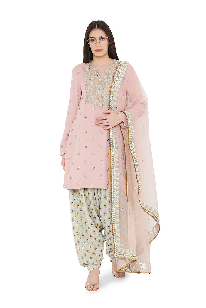 Rose Pink Colour Mukaish Georgette Kurta with Net Dupatta and Mint Colour Brocade Georgette Salwar
