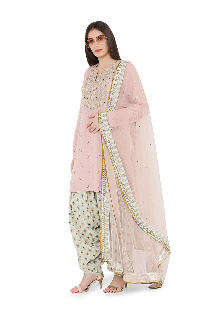 Rose Pink Colour Mukaish Georgette Kurta with Net Dupatta and Mint Colour Brocade Georgette Salwar