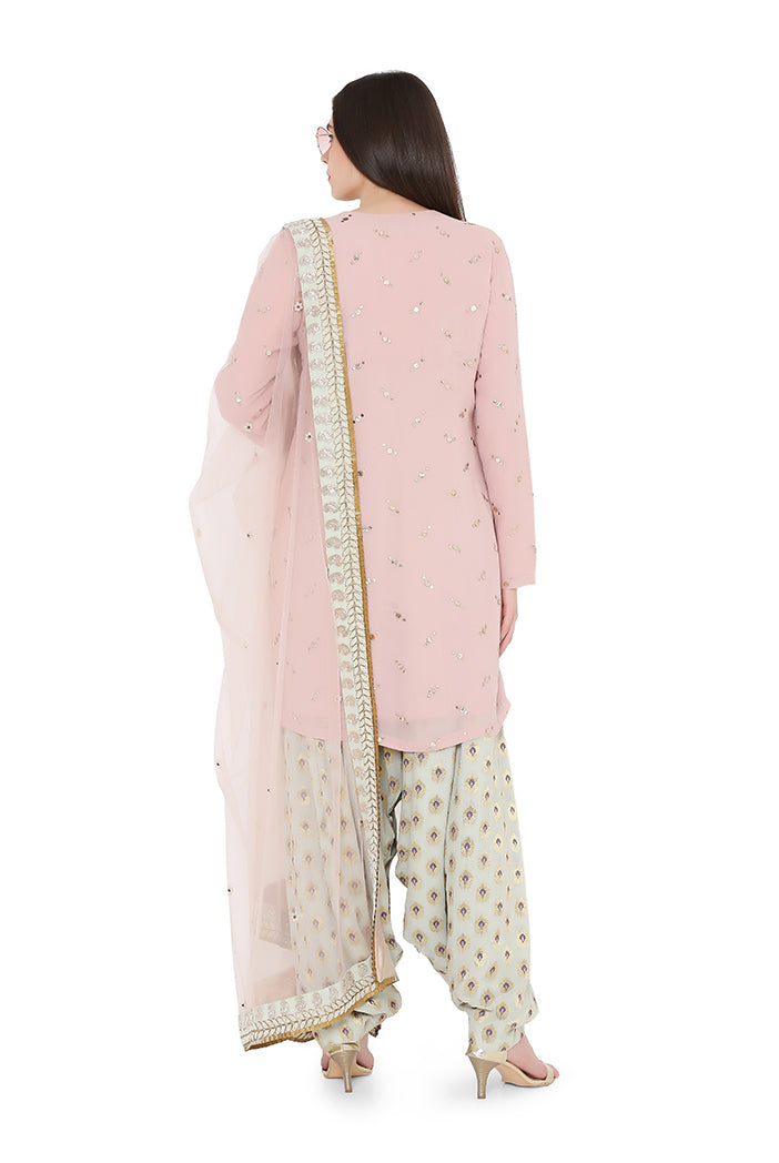 Rose Pink Colour Mukaish Georgette Kurta with Net Dupatta and Mint Colour Brocade Georgette Salwar