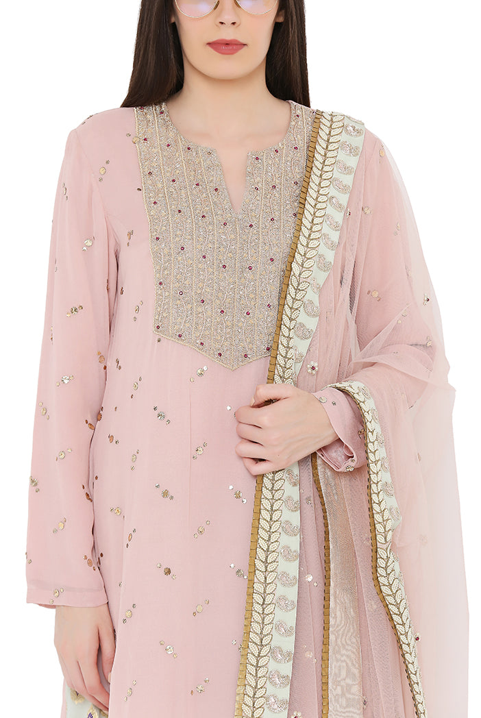 Rose Pink Colour Mukaish Georgette Kurta with Net Dupatta and Mint Colour Brocade Georgette Salwar
