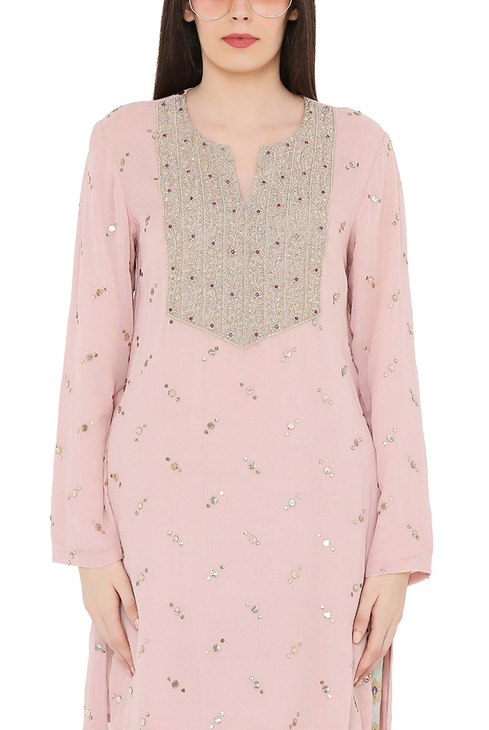 Rose Pink Colour Mukaish Georgette Kurta with Net Dupatta and Mint Colour Brocade Georgette Salwar