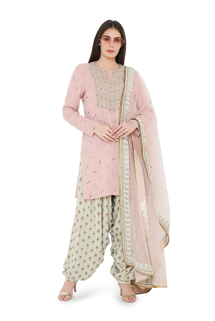 Rose Pink Colour Mukaish Georgette Kurta with Net Dupatta and Mint Colour Brocade Georgette Salwar
