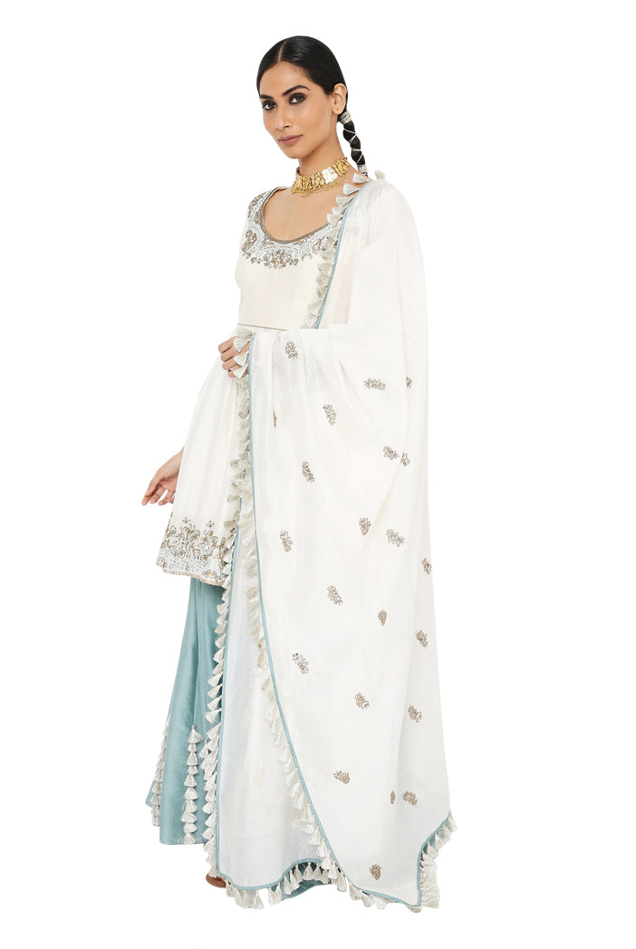 Najma Off White Colour Embroidered Short Anarkali With Blue Colour Sharara And Off White Colour Dupatta
