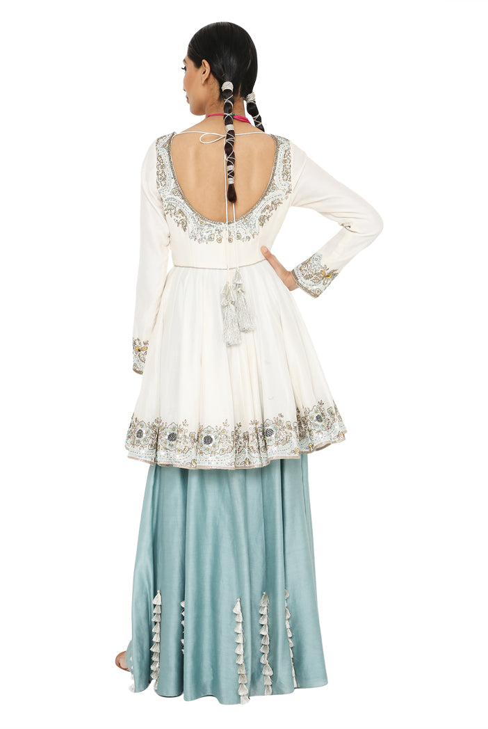 Najma Off White Colour Embroidered Short Anarkali With Blue Colour Sharara And Off White Colour Dupatta