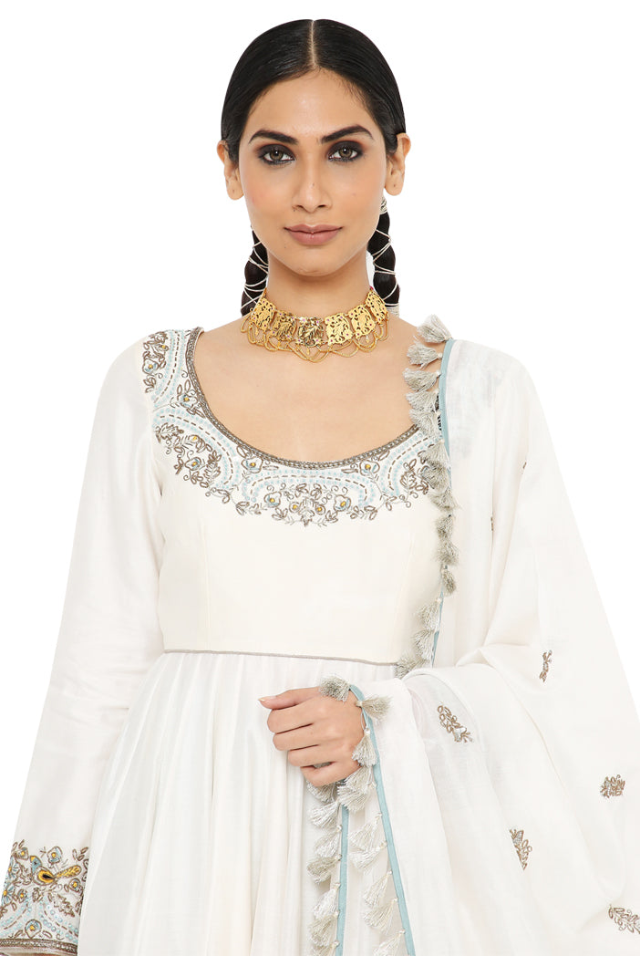 Najma Off White Colour Embroidered Short Anarkali With Blue Colour Sharara And Off White Colour Dupatta