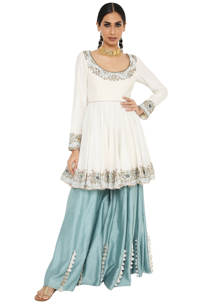 Najma Off White Colour Embroidered Short Anarkali With Blue Colour Sharara And Off White Colour Dupatta