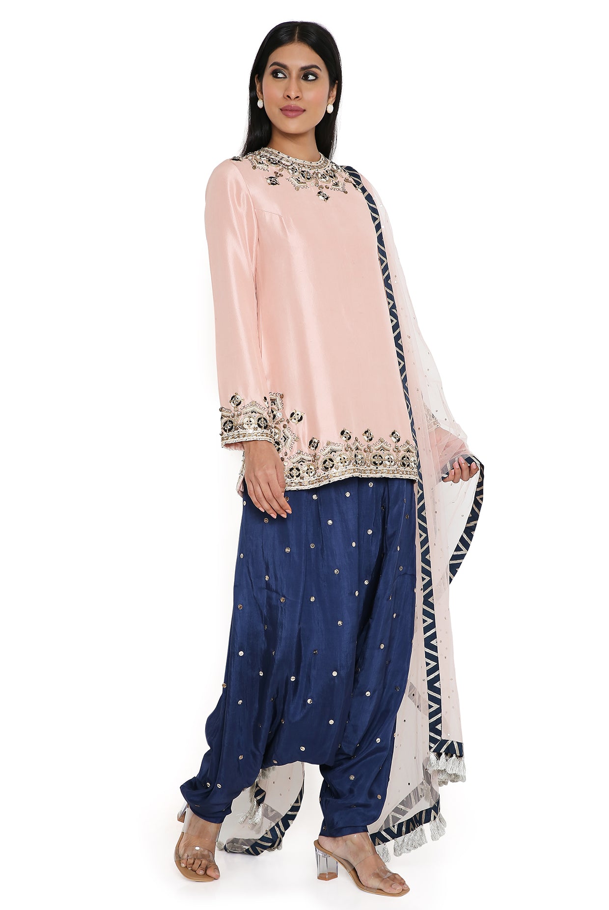 Rose Pink Silk Embroidered Kurta And Navy Abutai Silk Mukaish Salwaar With Rose Pink Net Mukaish Dupatta & Belt