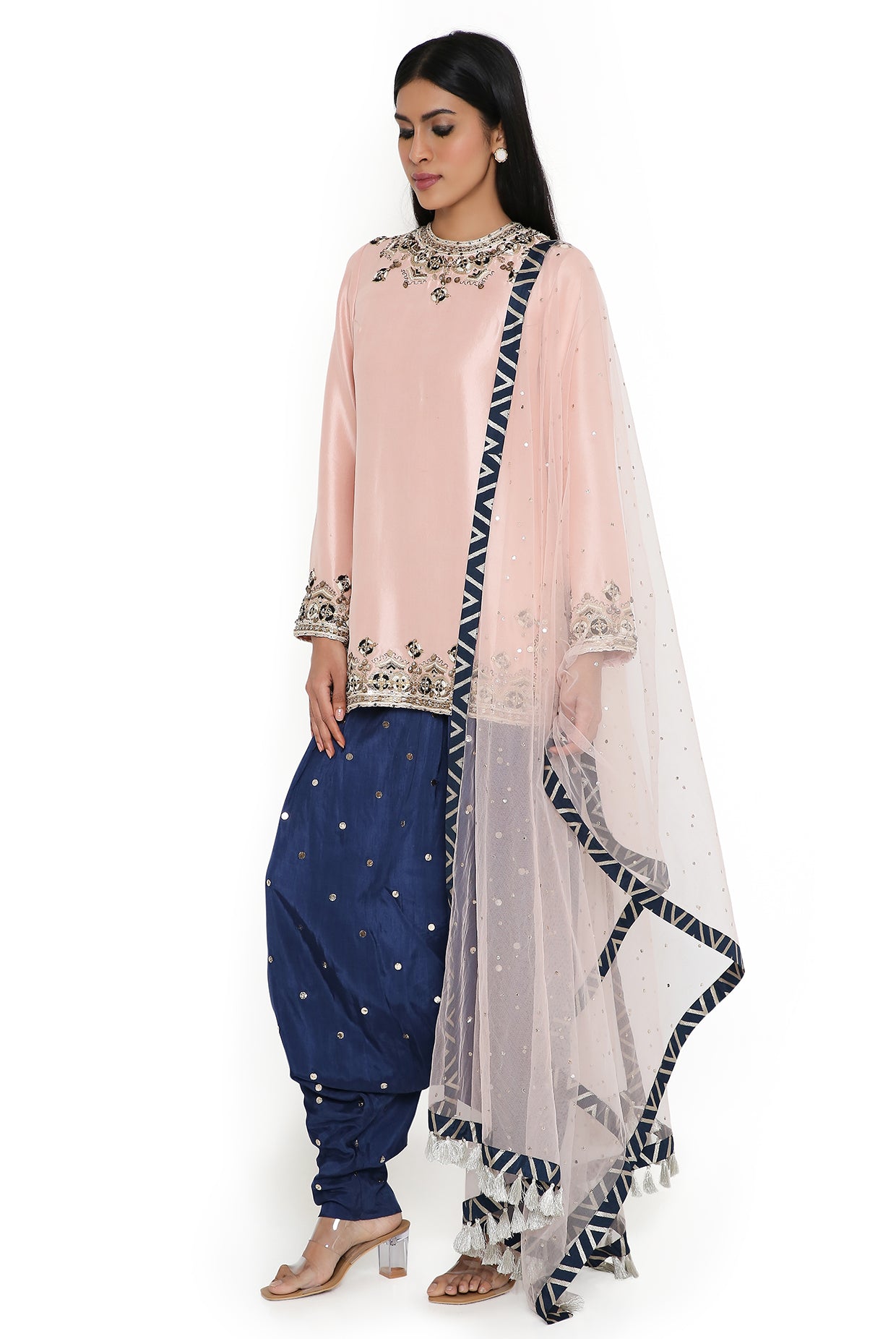 Rose Pink Silk Embroidered Kurta And Navy Abutai Silk Mukaish Salwaar With Rose Pink Net Mukaish Dupatta & Belt