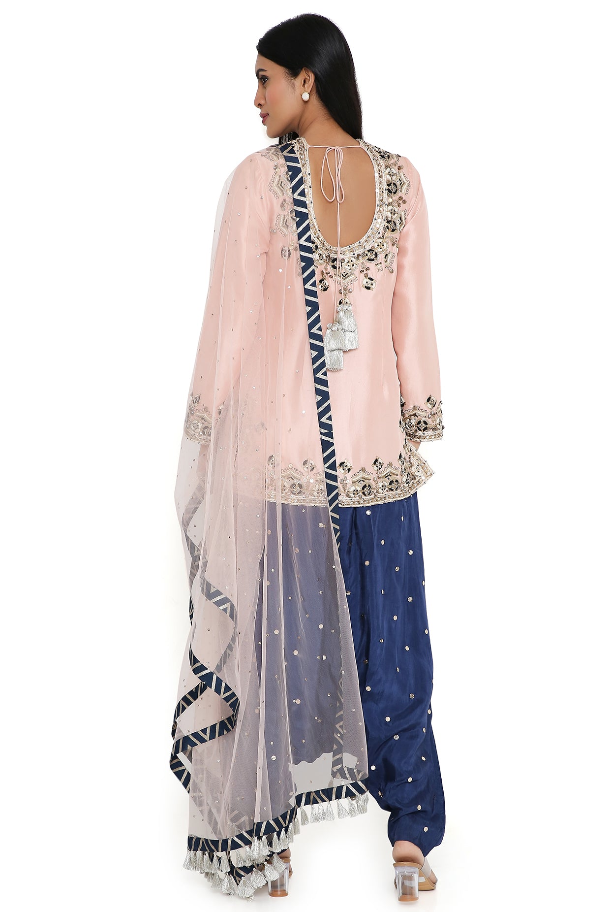Rose Pink Silk Embroidered Kurta And Navy Abutai Silk Mukaish Salwaar With Rose Pink Net Mukaish Dupatta & Belt