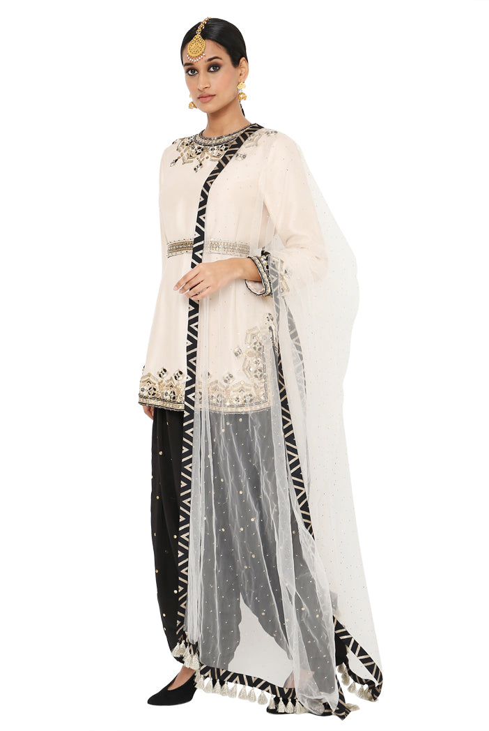 Sofi Stone Colour Embroidered Kurta With Black Colour Salwar And Stone Colour Dupatta With Belt