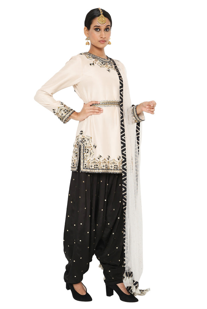 Sofi Stone Colour Embroidered Kurta With Black Colour Salwar And Stone Colour Dupatta With Belt