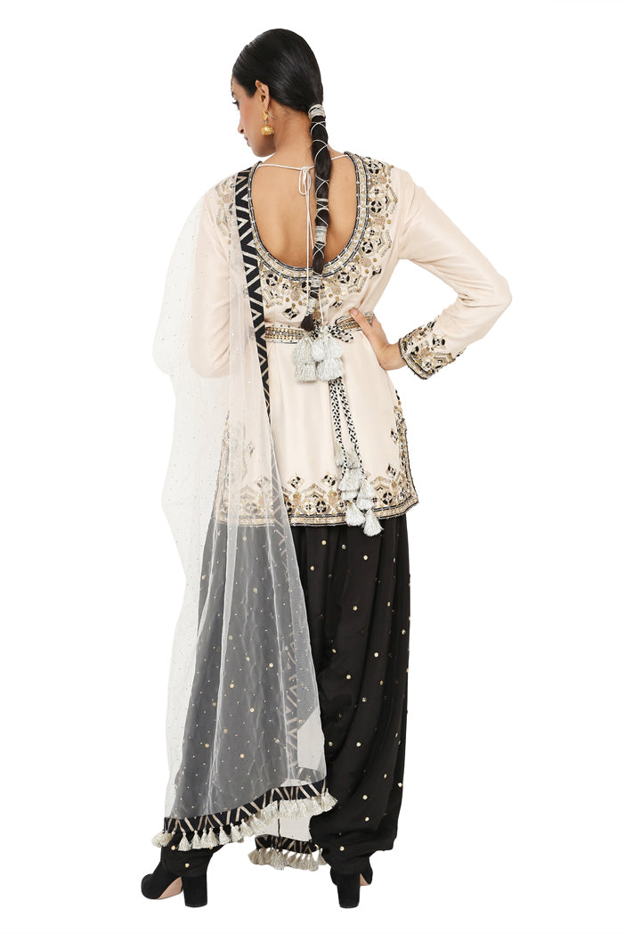 Sofi Stone Colour Embroidered Kurta With Black Colour Salwar And Stone Colour Dupatta With Belt