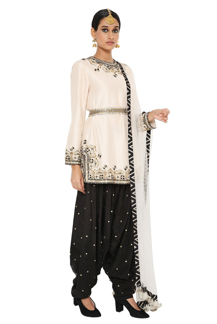 Sofi Stone Colour Embroidered Kurta With Black Colour Salwar And Stone Colour Dupatta With Belt