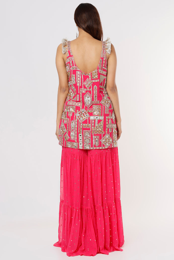Hot Pink Georgette Embroidered Kurta With Mukaish Georgette Sharara And Purple Net Mukaish Dupatta