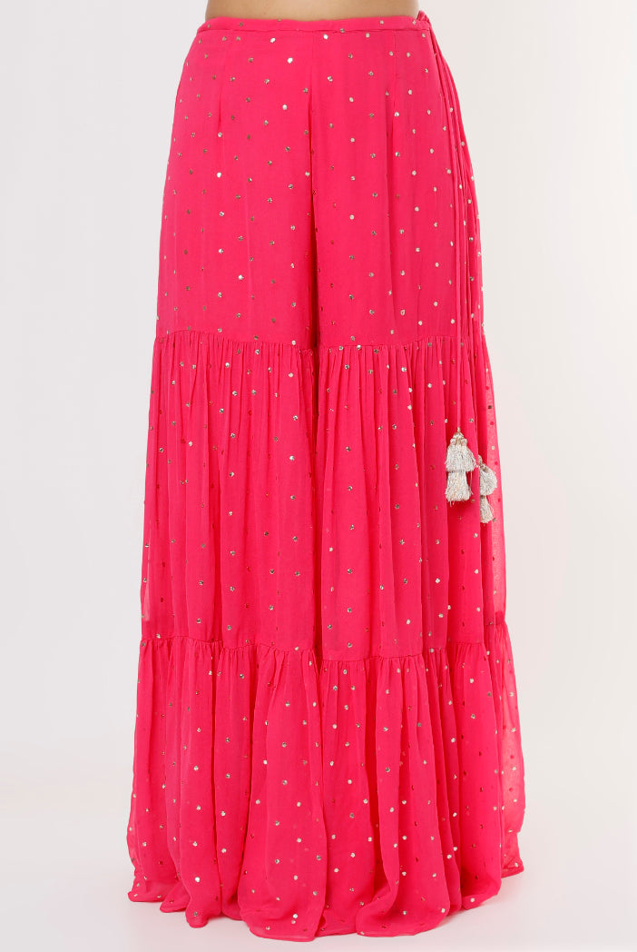 Hot Pink Georgette Embroidered Kurta With Mukaish Georgette Sharara And Purple Net Mukaish Dupatta