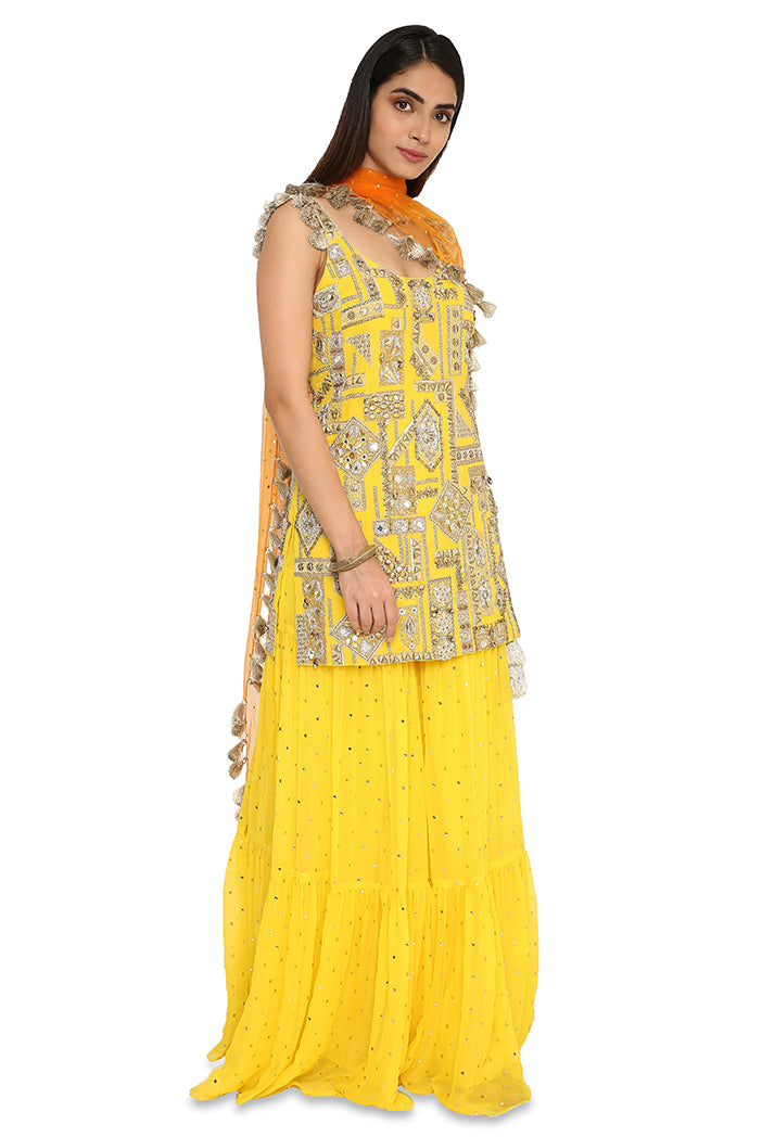 Banuka Yellow Colour Georgette Embroidered Kurta With Georgette Sharara And Net Dupatta