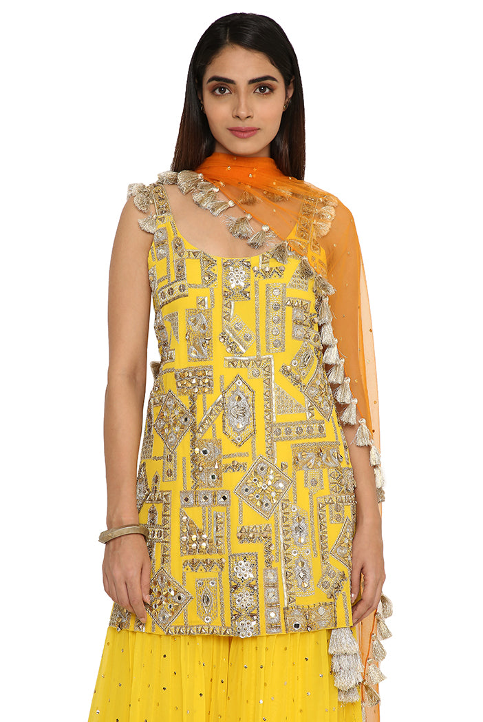 Banuka Yellow Colour Georgette Embroidered Kurta With Georgette Sharara And Net Dupatta