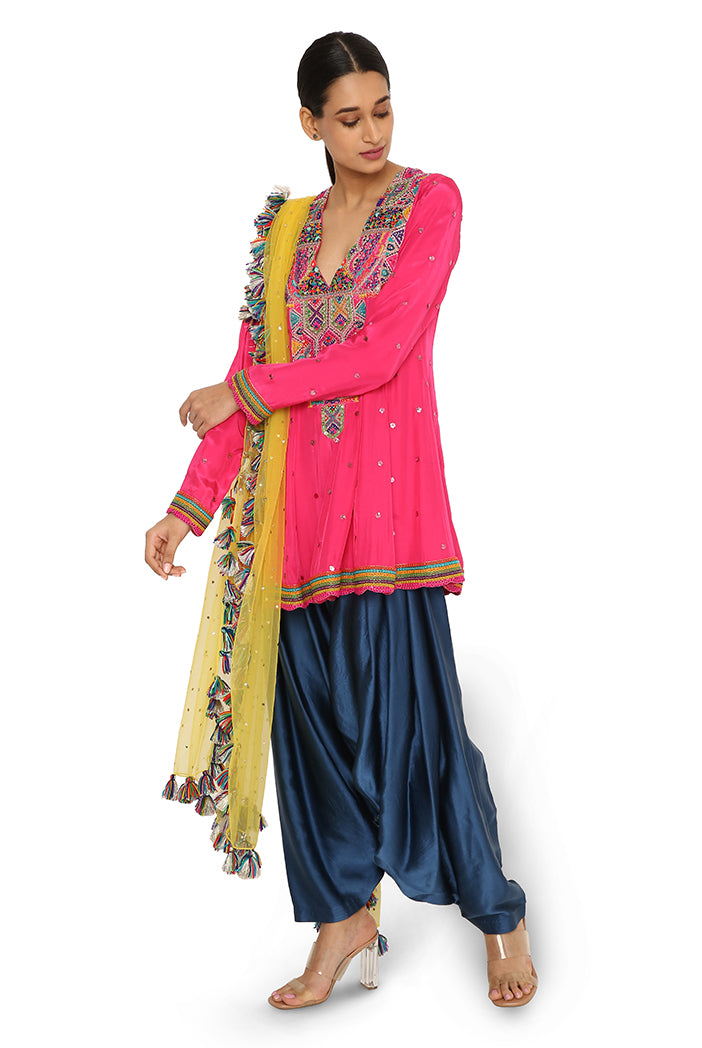 Medinna Hot Pink Colour Embroidered Kurta With Midnight Blue Colour Salwar And Yellow Net Dupatta