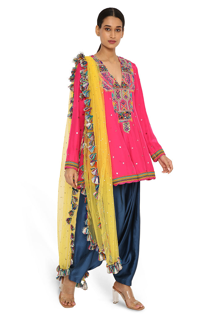 Medinna Hot Pink Colour Embroidered Kurta With Midnight Blue Colour Salwar And Yellow Net Dupatta