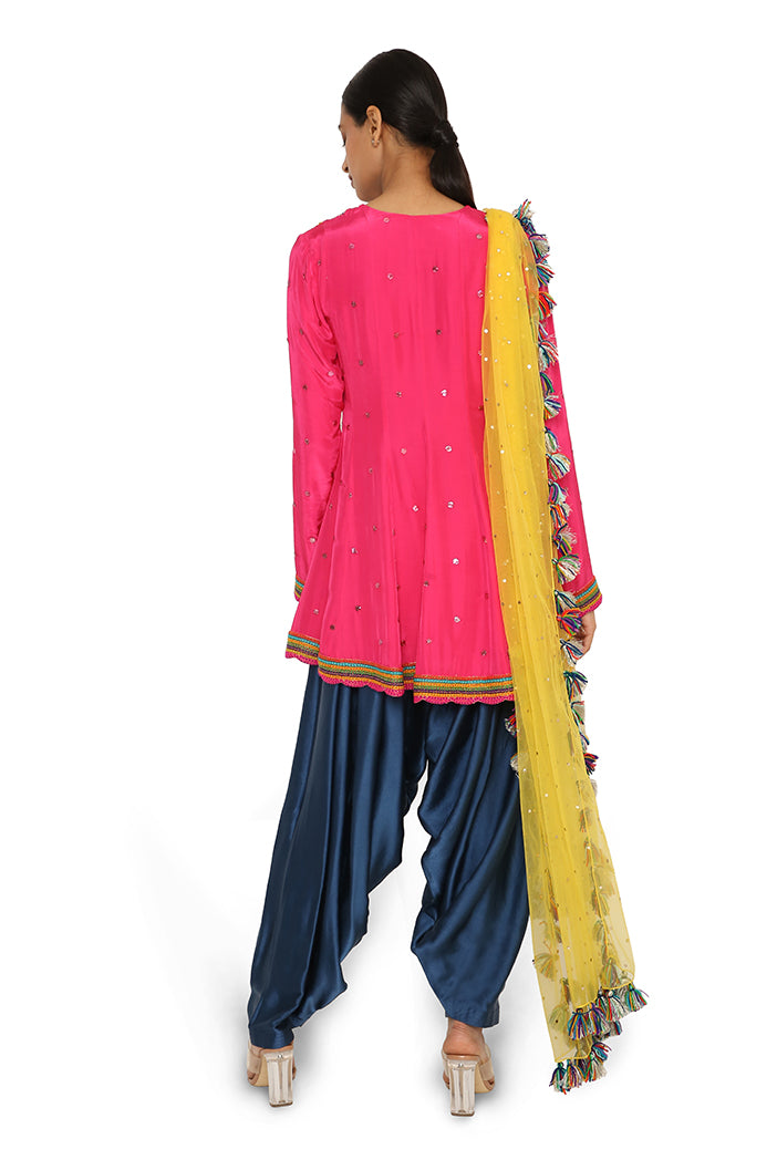 Medinna Hot Pink Colour Embroidered Kurta With Midnight Blue Colour Salwar And Yellow Net Dupatta
