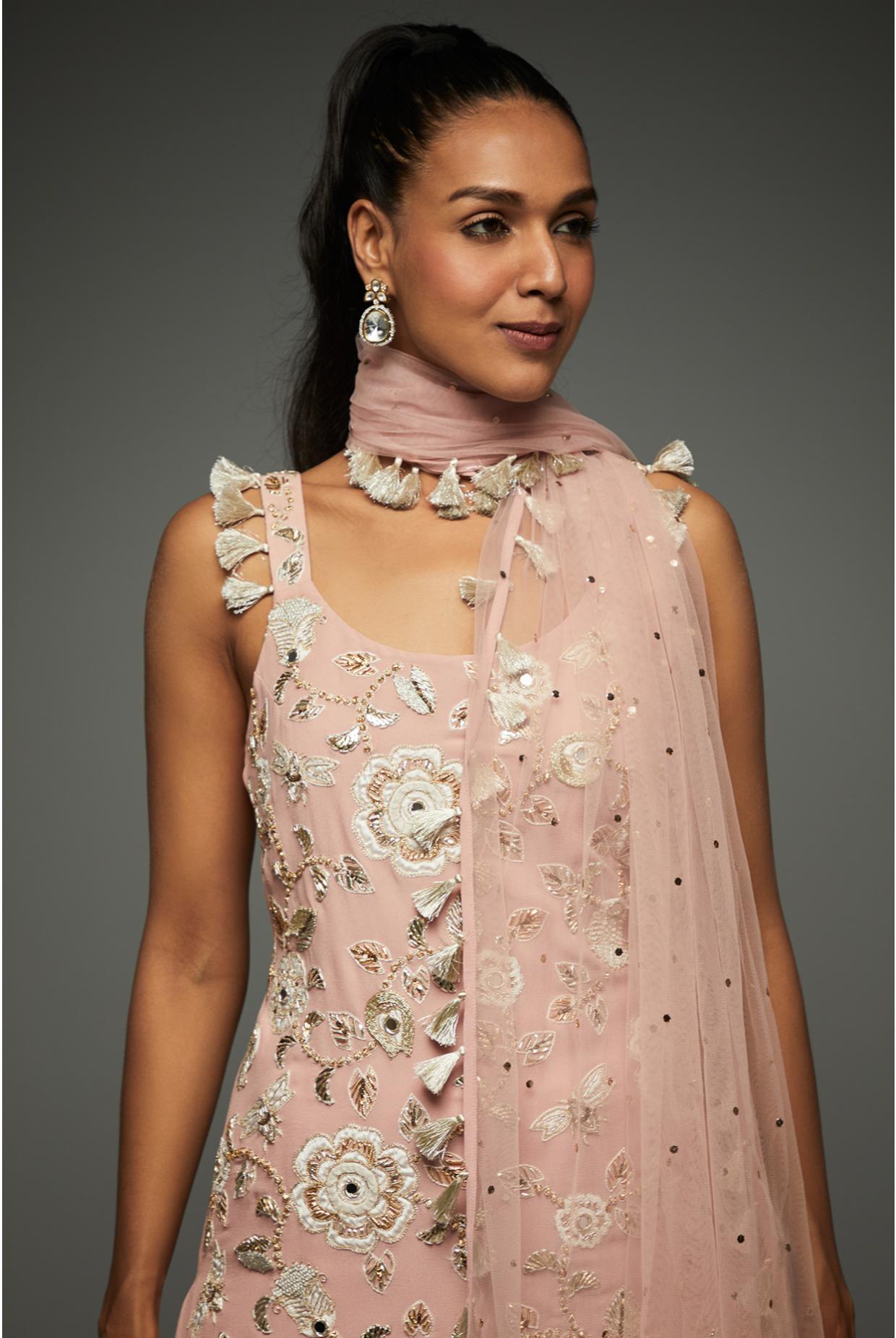 Rose Pink Embroidered Kurta With Sharara & Dupatta