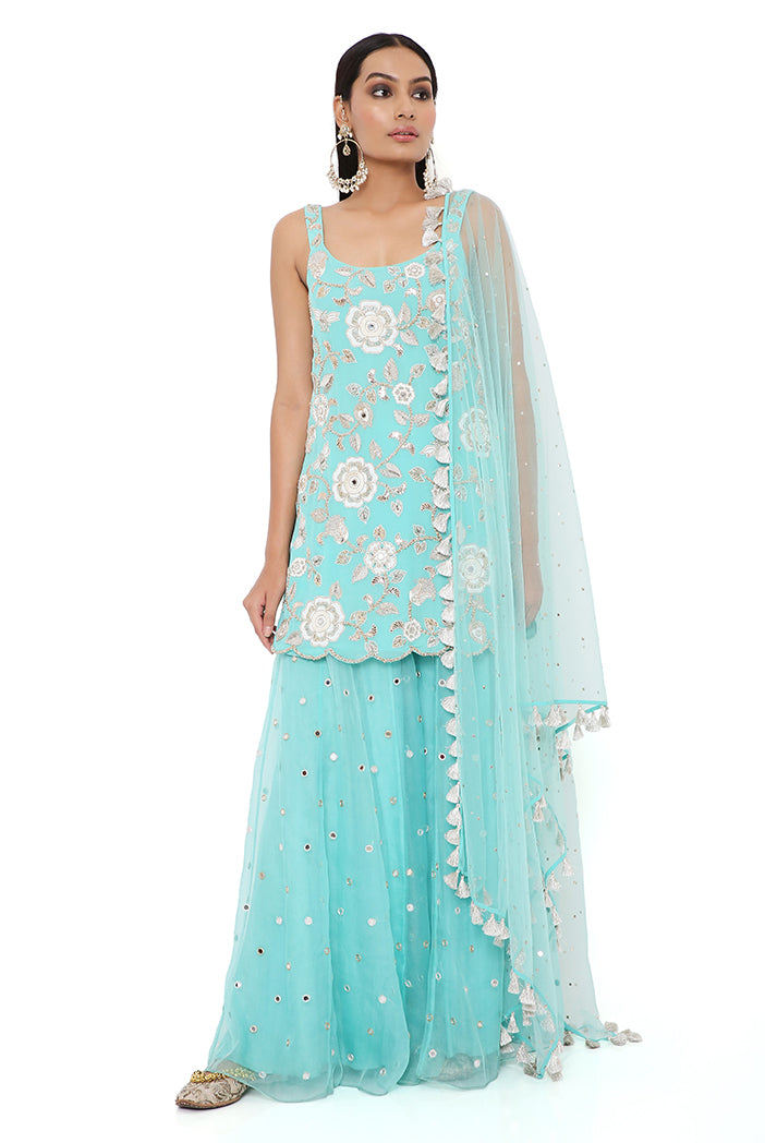 Aqua Georgette Embroidered Kurta With Organza Embroidered Sharara And Mukaish Net Dupatta