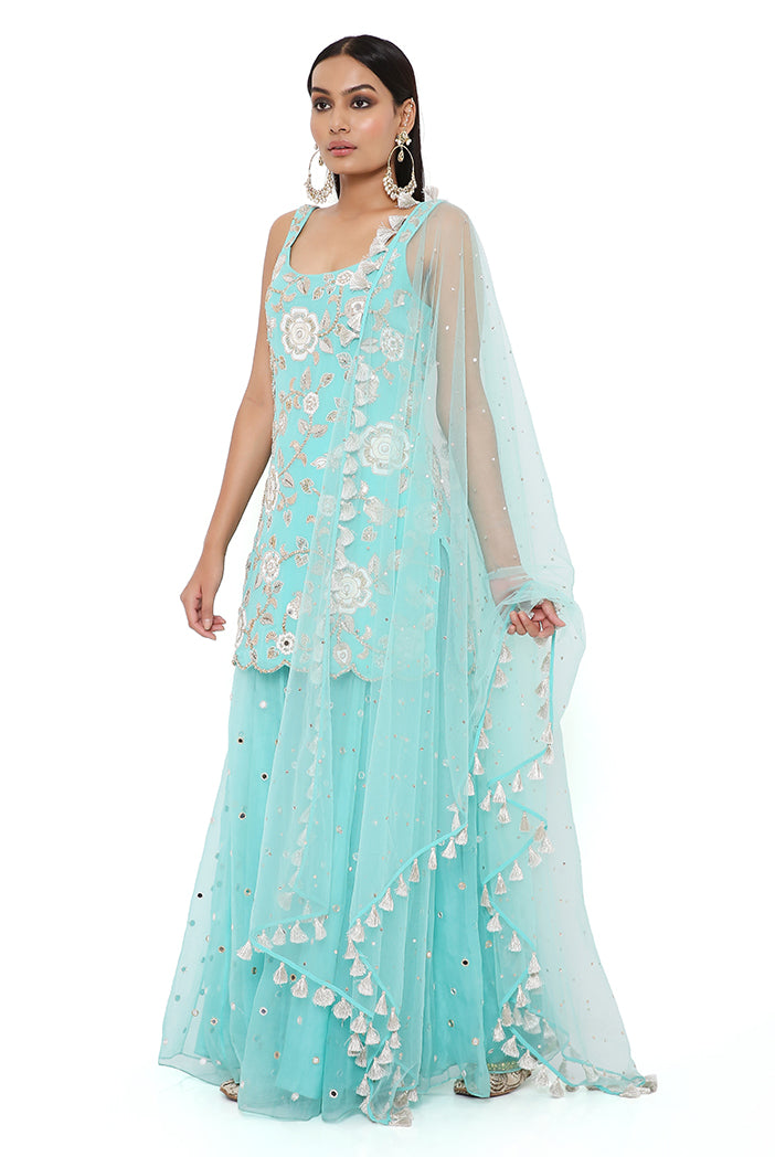 Aqua Georgette Embroidered Kurta With Organza Embroidered Sharara And Mukaish Net Dupatta