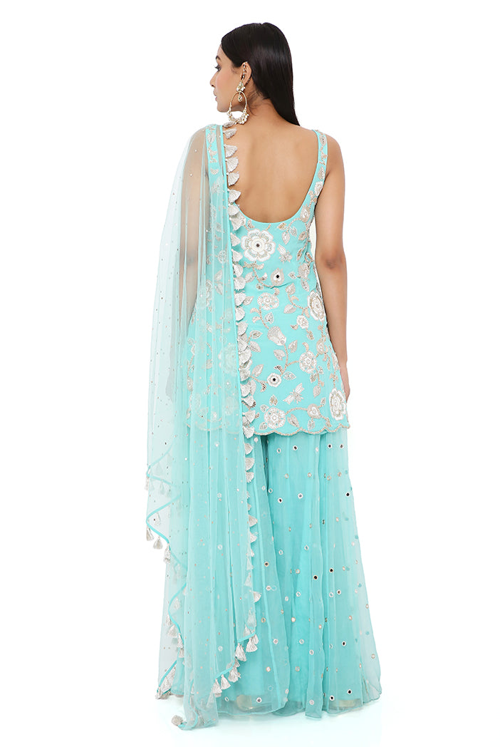 Aqua Georgette Embroidered Kurta With Organza Embroidered Sharara And Mukaish Net Dupatta