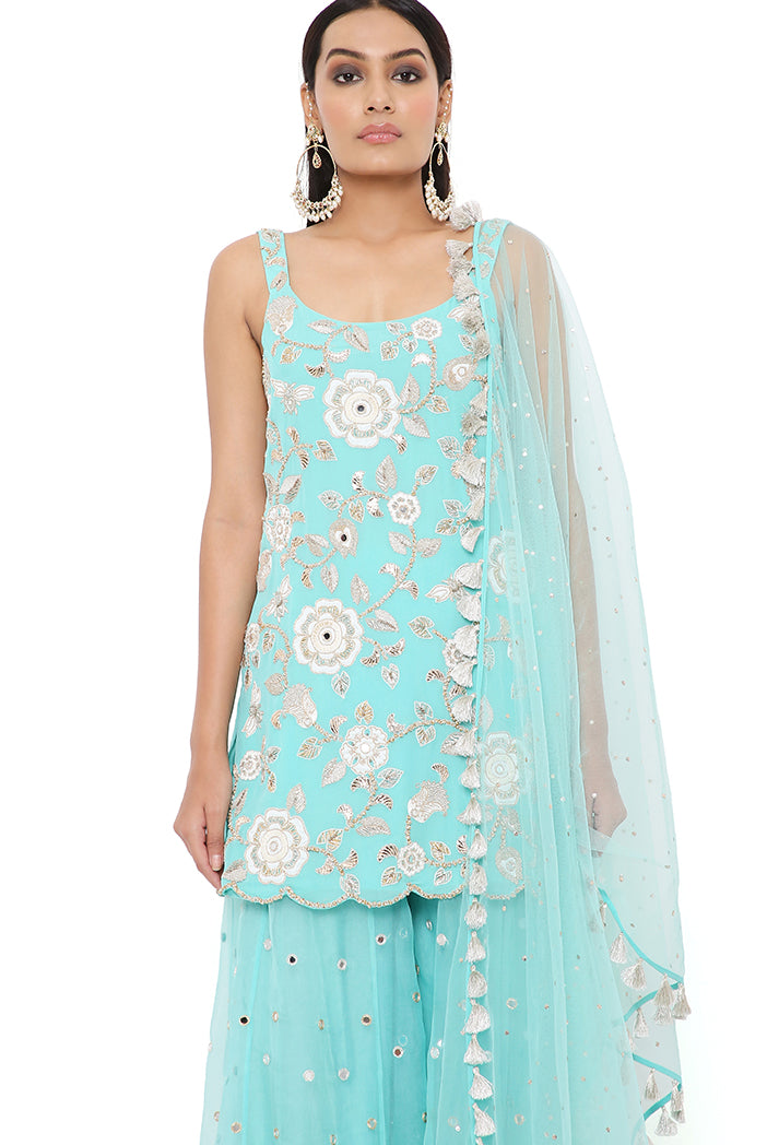 Aqua Georgette Embroidered Kurta With Organza Embroidered Sharara And Mukaish Net Dupatta