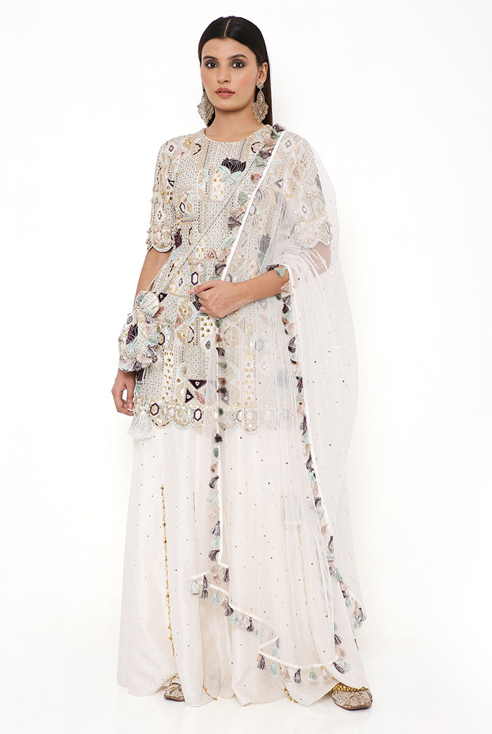 Navya Off White Georgette Embroidered Back Cut Out Kurta With Abla Silk Sharara And Mukaish Net Dupatta