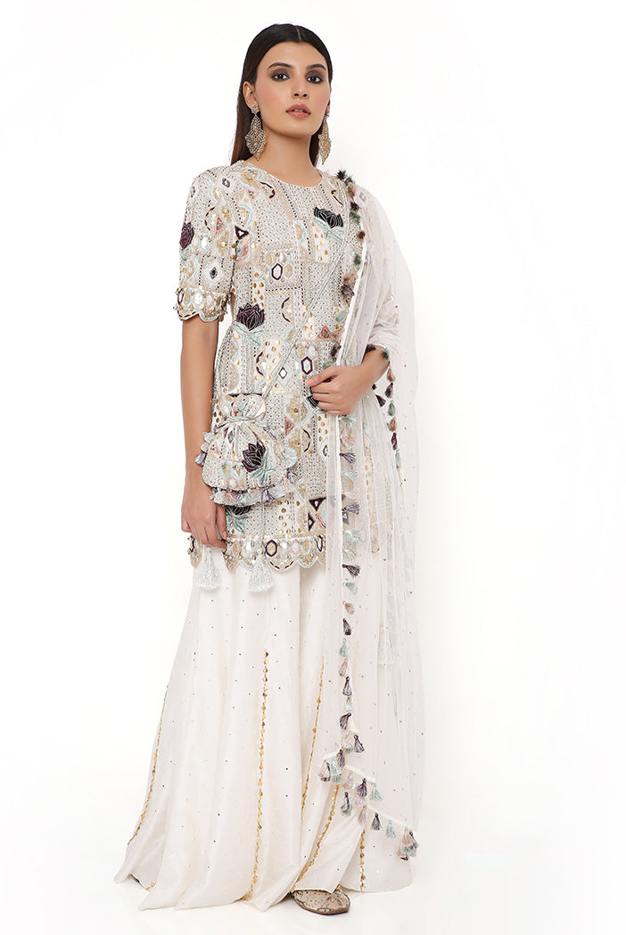 Navya Off White Georgette Embroidered Back Cut Out Kurta With Abla Silk Sharara And Mukaish Net Dupatta