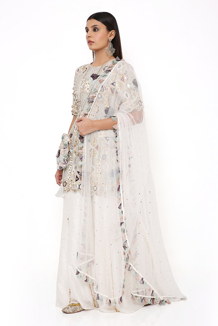 Navya Off White Georgette Embroidered Back Cut Out Kurta With Abla Silk Sharara And Mukaish Net Dupatta