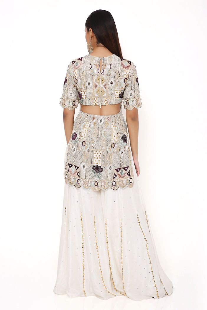 Navya Off White Georgette Embroidered Back Cut Out Kurta With Abla Silk Sharara And Mukaish Net Dupatta