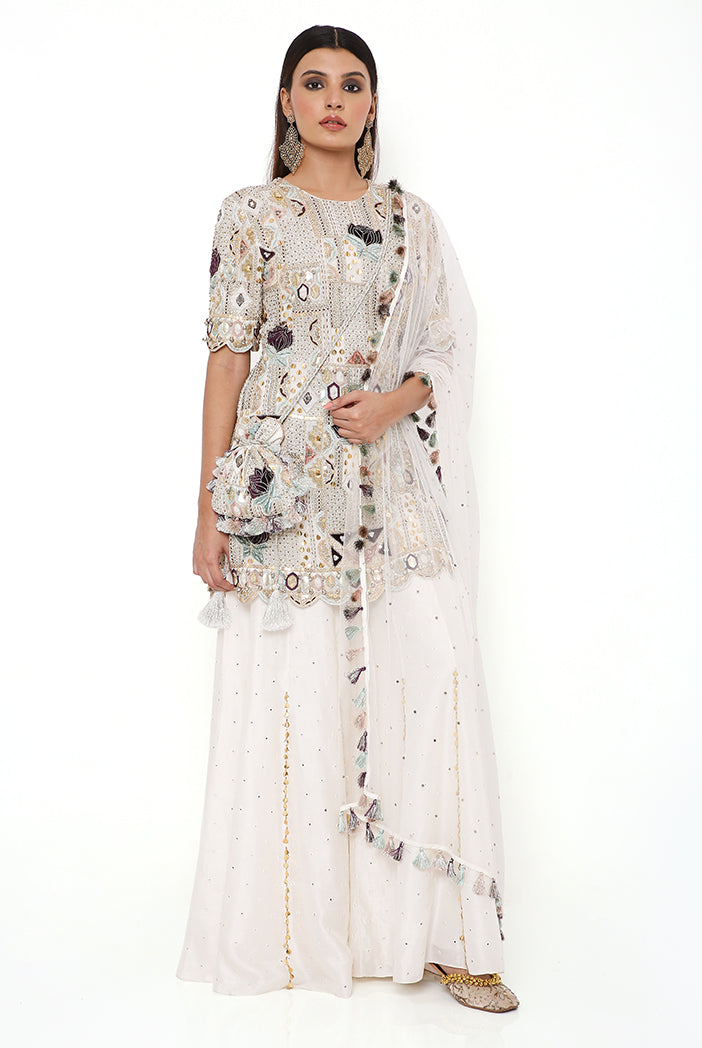 Navya Off White Georgette Embroidered Back Cut Out Kurta With Abla Silk Sharara And Mukaish Net Dupatta