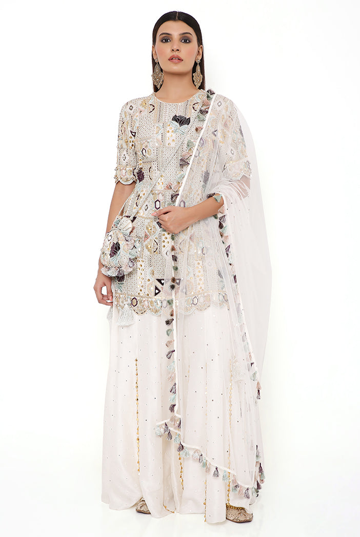 Navya Off White Georgette Embroidered Back Cut Out Kurta With Abla Silk Sharara And Mukaish Net Dupatta