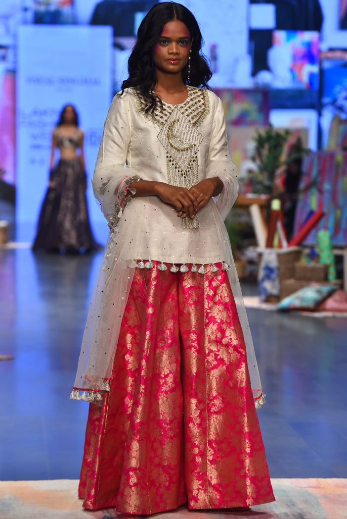 Amaya Off White Abla Silk Embroidered Yoke Kurta With Hot Pink Brocade Sharara And Off White Mukaish Net Dupatta